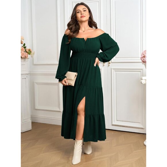 Plus Size Formal Dress Women Long Sleeve Tiered Maxi with Side Split - Picture 6 of 7